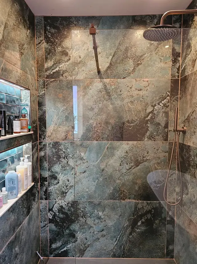 Bathroom tiling in Swansea: shower tiles green black 1200x600